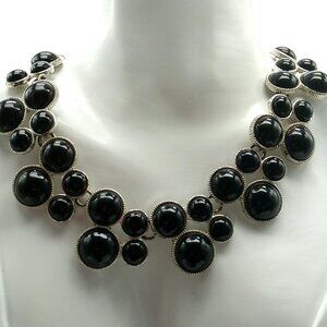 Liz Claiborne Statement Bib Necklace Black Beaded Silver-tone Signed
